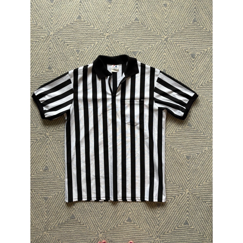 Majestic Zipper Polyester Polo - Referee Stripes -‎ Vintage - XL - Black/White